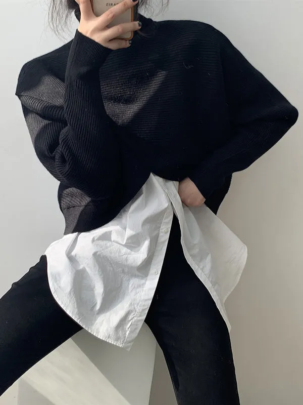 Asymmetric Solid Color Split-Front Long Sleeves High-Neck Sweater Pullovers Knitwear