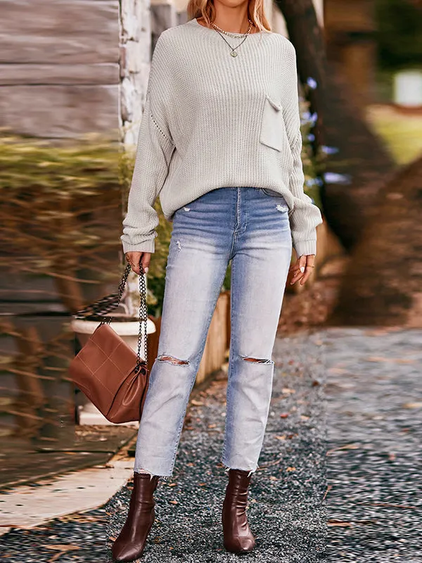 Batwing Sleeves Long Sleeves Hollow Pockets Solid Color Round-Neck Knitwear Pullovers Sweater Tops