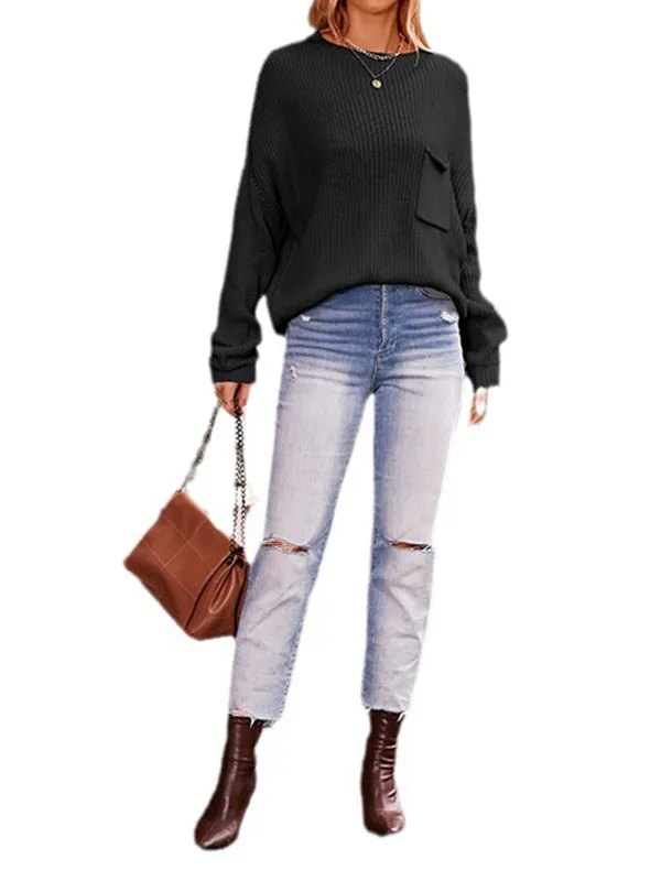 Batwing Sleeves Long Sleeves Hollow Pockets Solid Color Round-Neck Knitwear Pullovers Sweater Tops