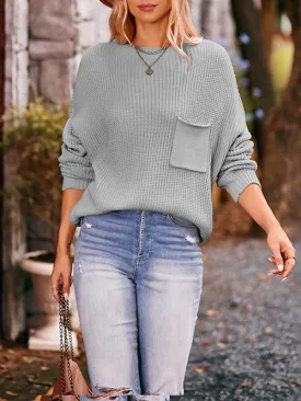 Batwing Sleeves Long Sleeves Hollow Pockets Solid Color Round-Neck Knitwear Pullovers Sweater Tops