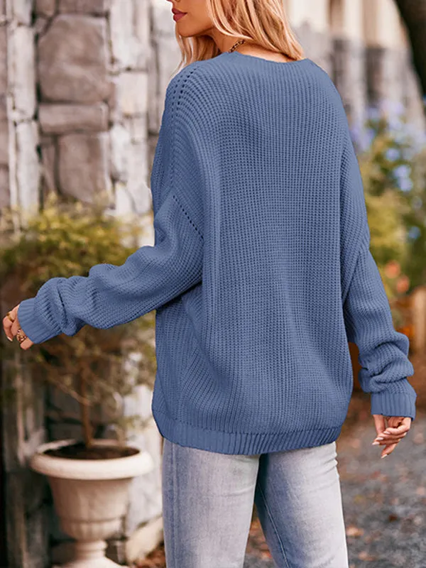 Batwing Sleeves Long Sleeves Hollow Pockets Solid Color Round-Neck Knitwear Pullovers Sweater Tops
