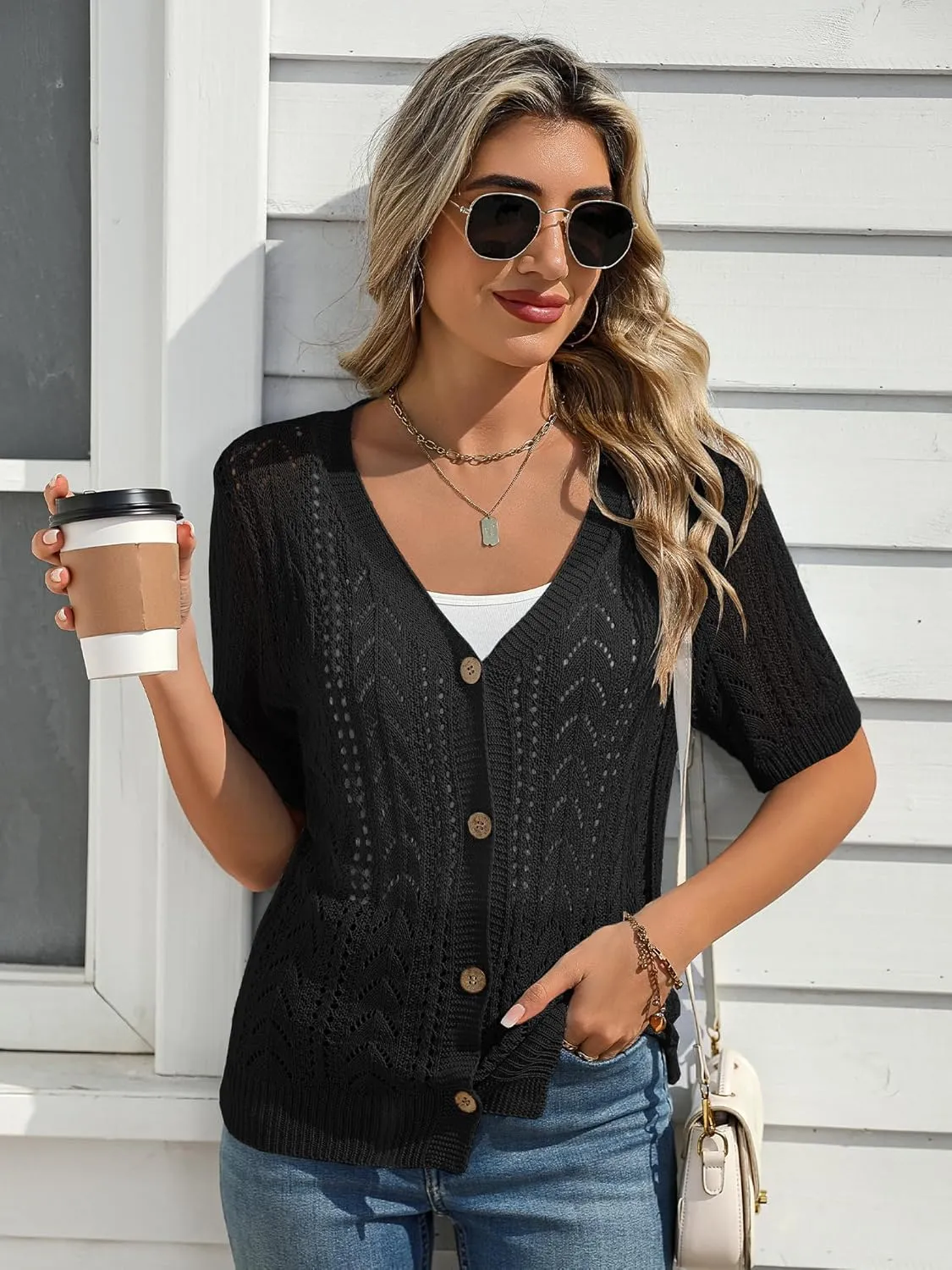 BB&KK Women's Crochet Open Front Cardigan Button Short Sleeve V Neck Soft Knitted Sweater Outerwear Cover Up