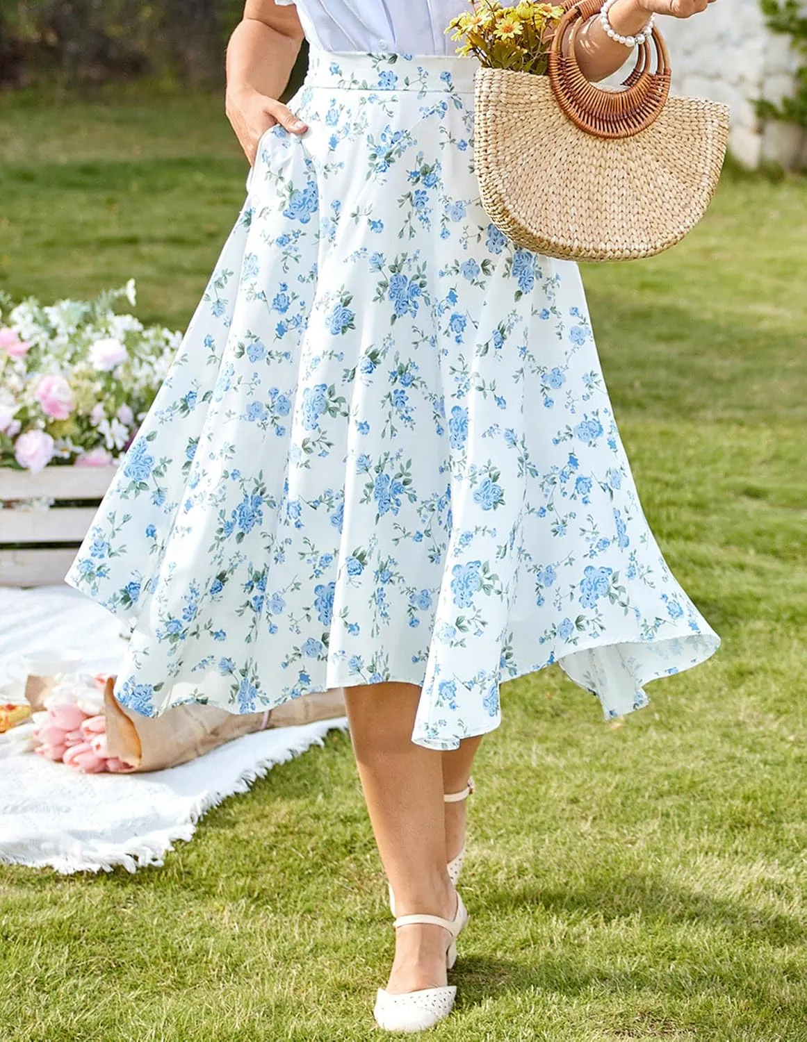 Belle Poque Women Floral Midi Skirt Flowy Skirt Boho Skirt High Waisted Skirt with Pockets
