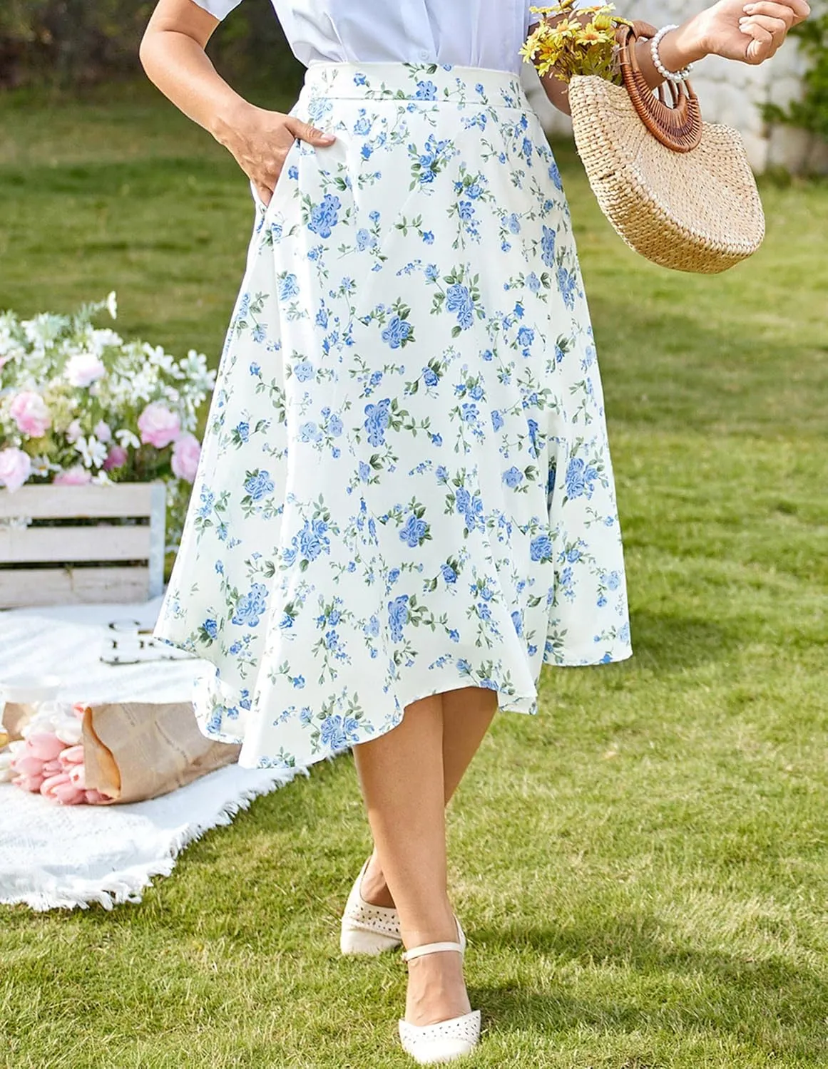 Belle Poque Women Floral Midi Skirt Flowy Skirt Boho Skirt High Waisted Skirt with Pockets