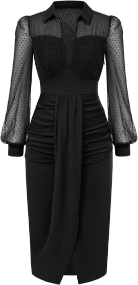 Belle Poque Womens Vintage Dress Mesh Long Sleeve Dress Ruched Dress for Work