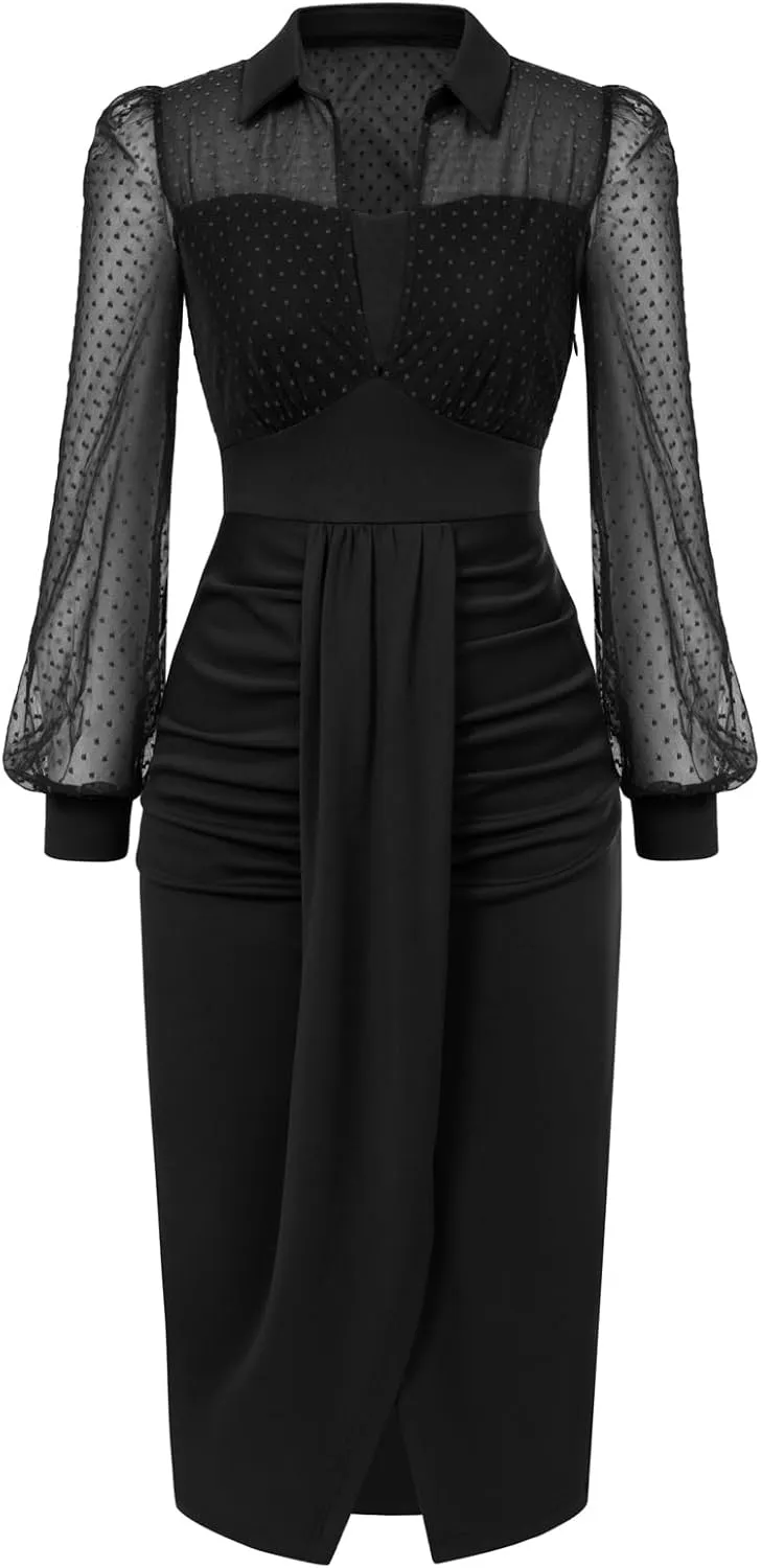 Belle Poque Womens Vintage Dress Mesh Long Sleeve Dress Ruched Dress for Work