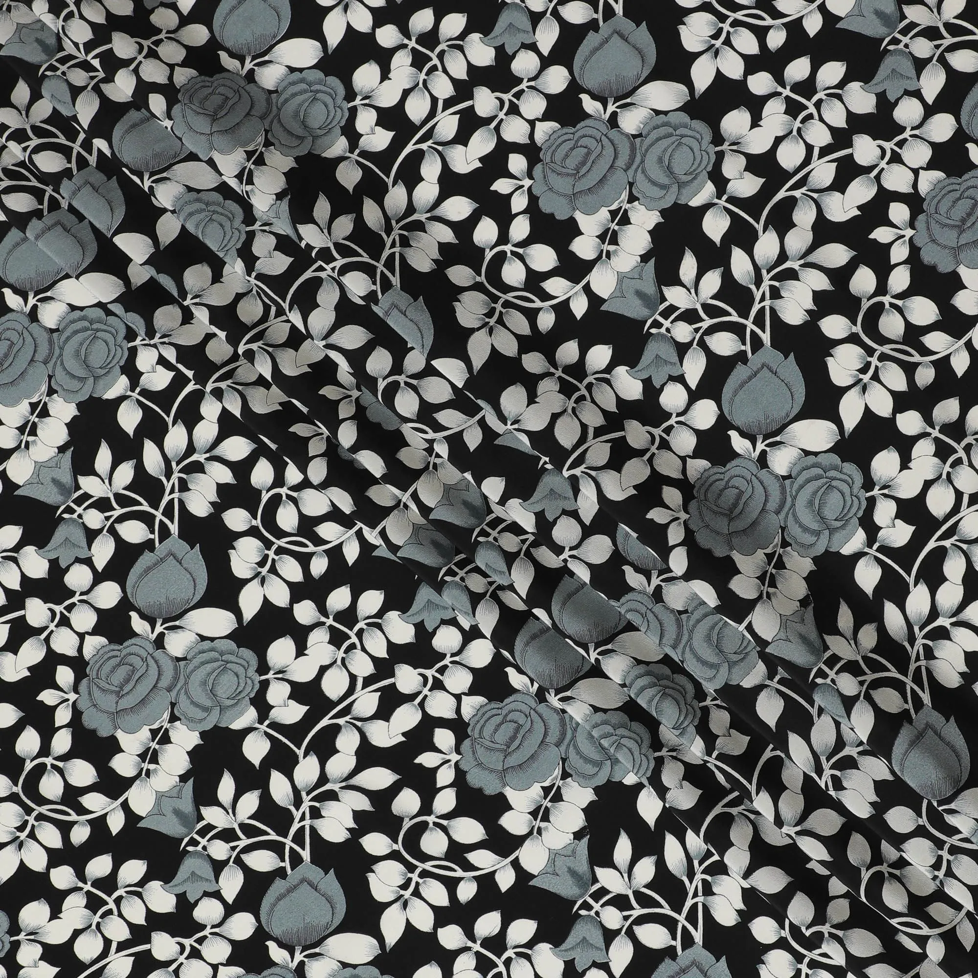 Black Premium pure silk crepe fabric with grey and white print in floral design-D17196
