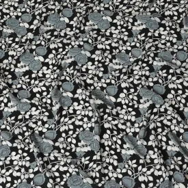 Black Premium pure silk crepe fabric with grey and white print in floral design-D17196