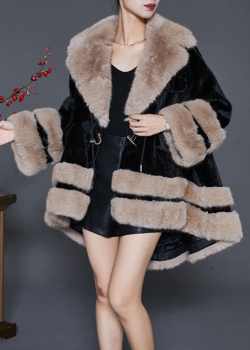 Bohemian Black Fur Collar Oversized Fuzzy Fur Fluffy Coat Winter ML1826