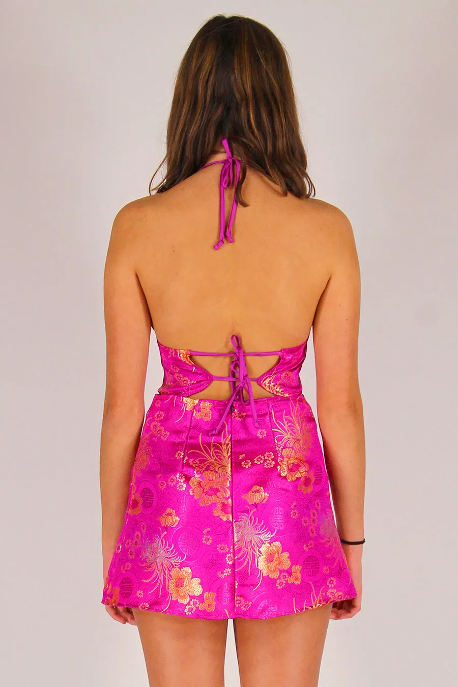 Bralette and Skirt - Fuchsia Satin with Flowers