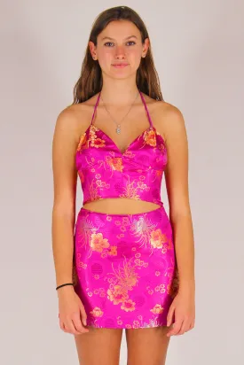 Bralette and Skirt - Fuchsia Satin with Flowers