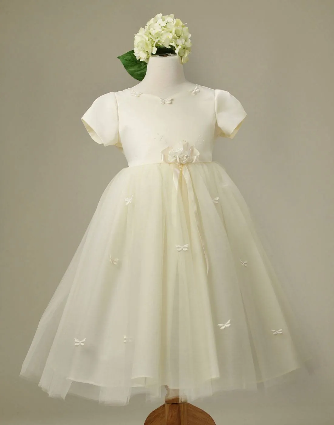 Butterfly Adorned Tulle and Satin Dress with a matching Bow Clip - Ivory