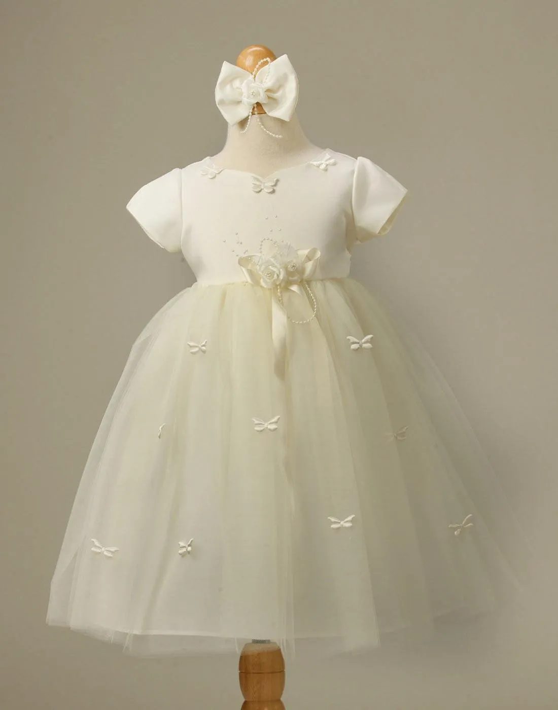 Butterfly Adorned Tulle and Satin Dress with a matching Bow Clip - Ivory