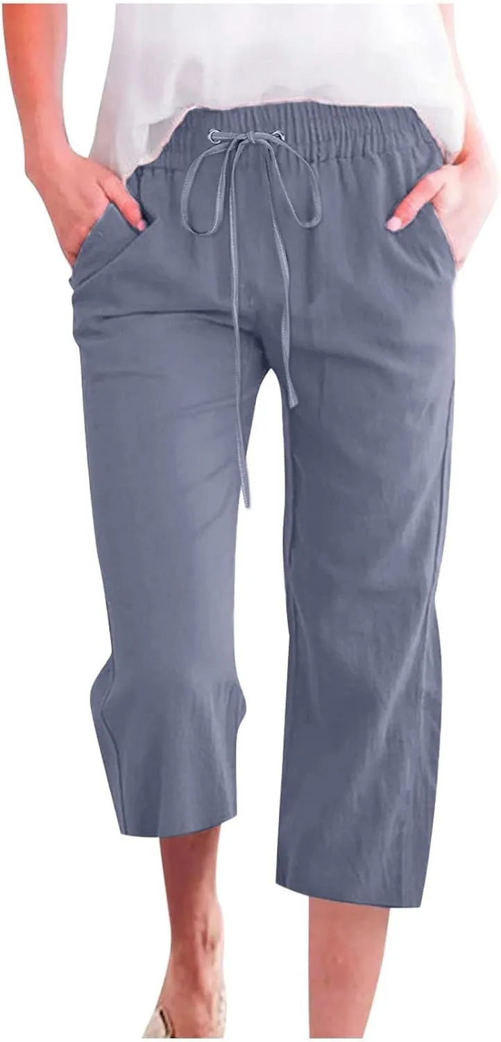 Capri Pants for Women Knee Length Summer High Waisted Straight Leg Linen Pants Loose Fit Casual Vacation Outfits w/Pockets
