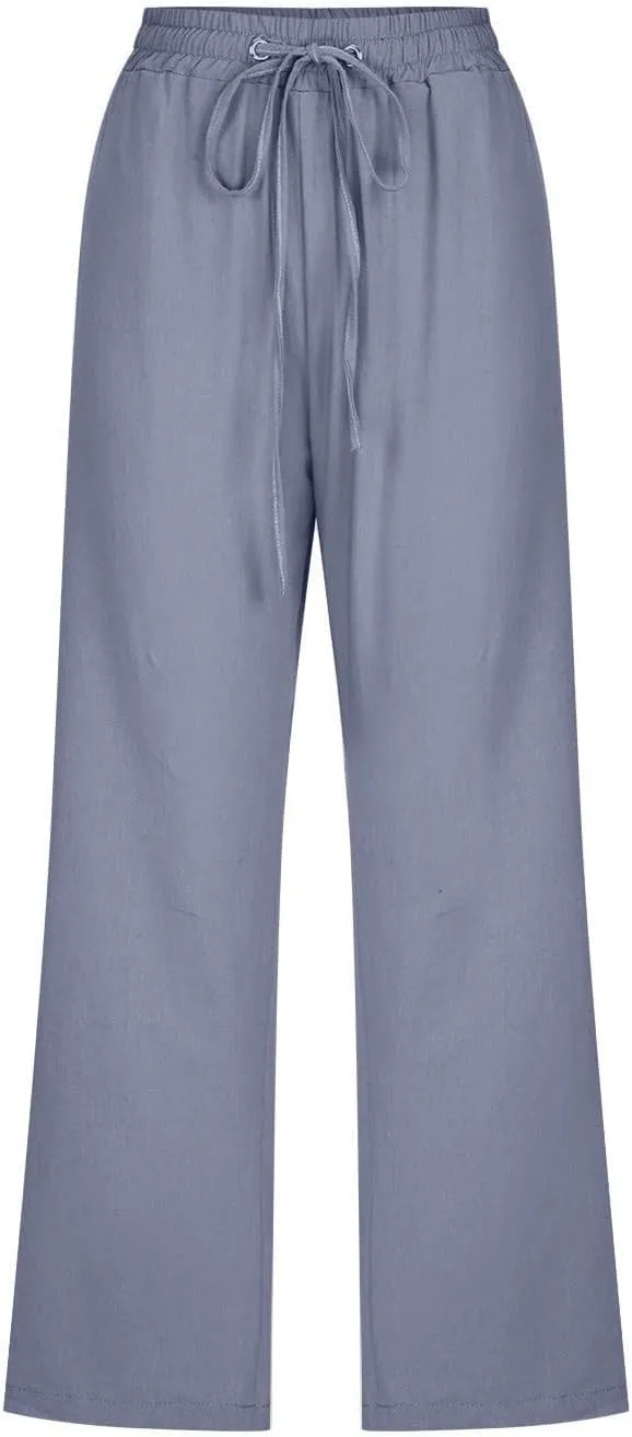 Capri Pants for Women Knee Length Summer High Waisted Straight Leg Linen Pants Loose Fit Casual Vacation Outfits w/Pockets
