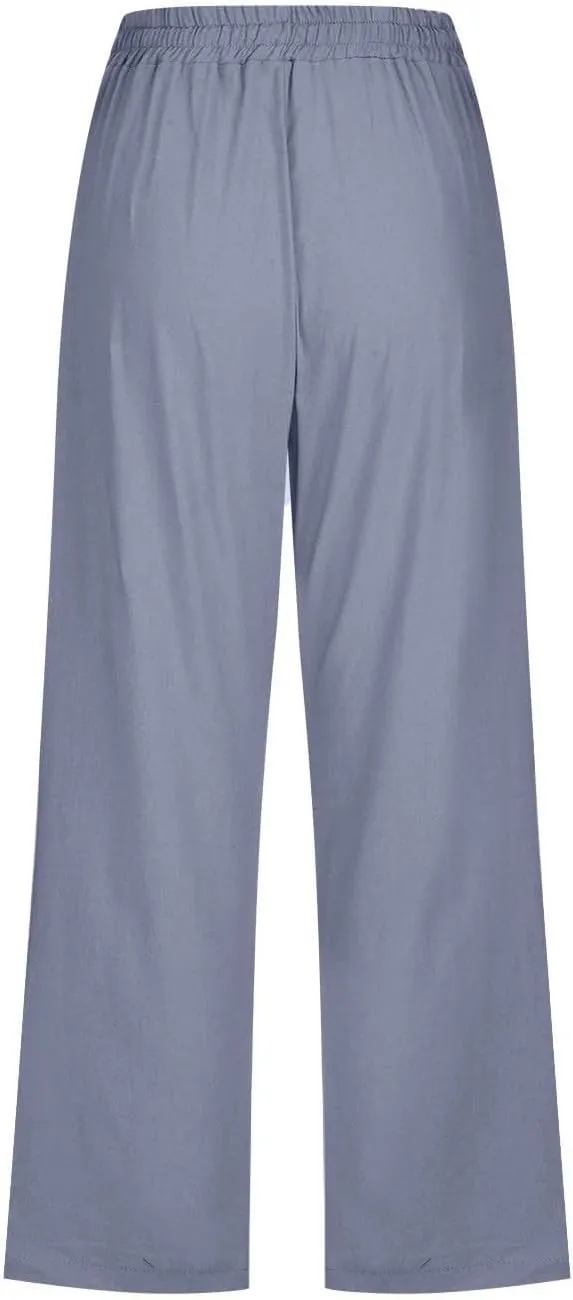 Capri Pants for Women Knee Length Summer High Waisted Straight Leg Linen Pants Loose Fit Casual Vacation Outfits w/Pockets