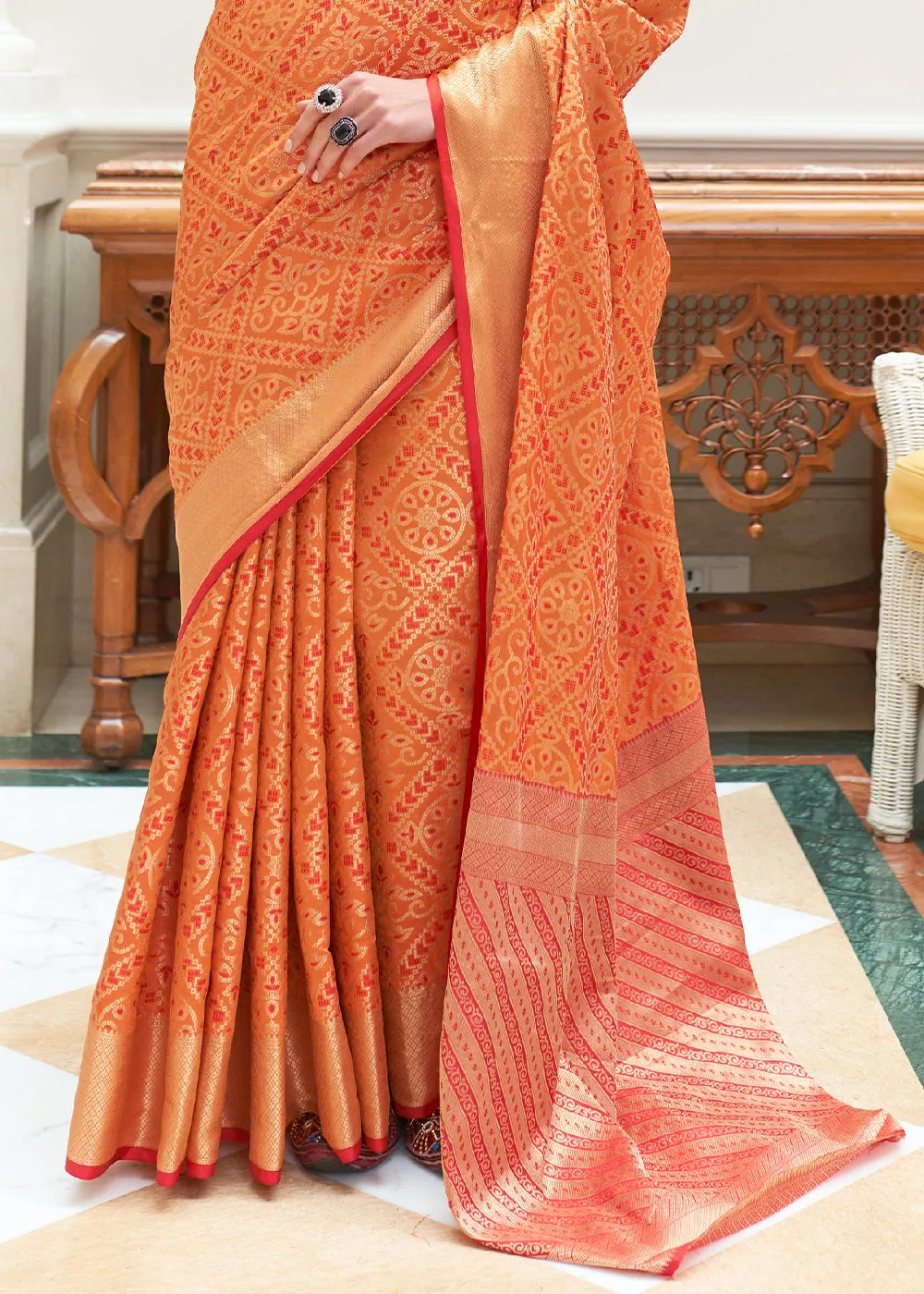 Carrot Orange Zari Woven Patola Silk Saree