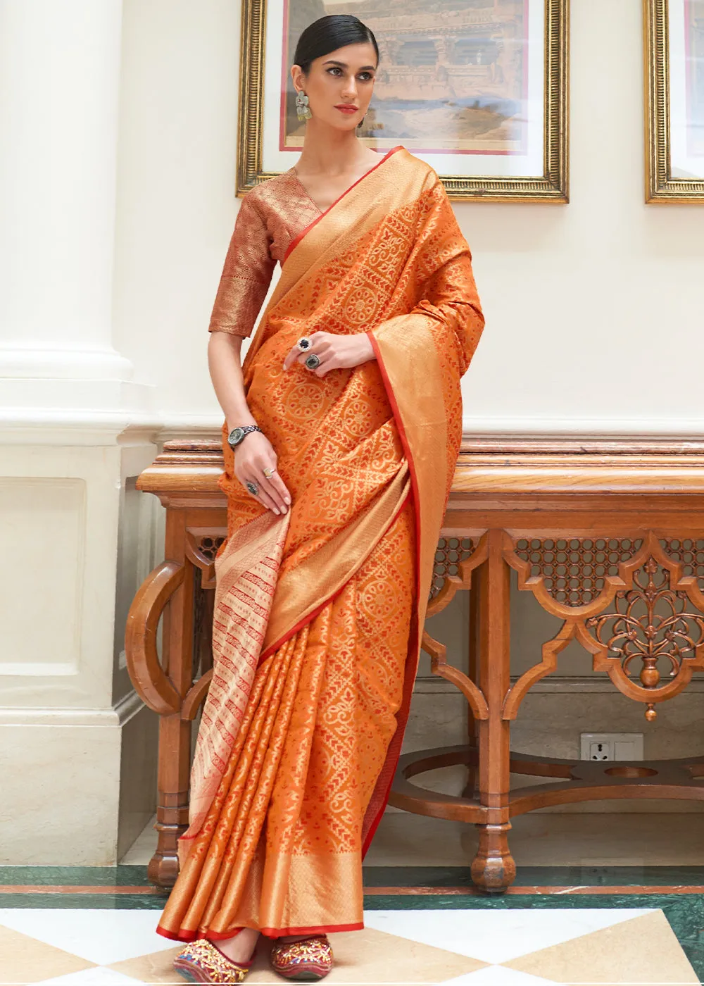 Carrot Orange Zari Woven Patola Silk Saree
