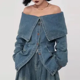 Casual Denim Blouses For Women Slash Neck Long Sleeve Patchwork Single Breasted Vintage Shirt Female Clothing