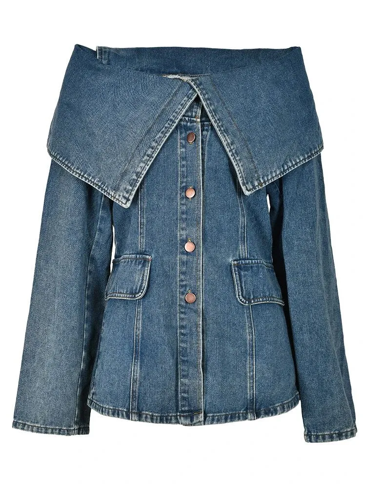 Casual Denim Blouses For Women Slash Neck Long Sleeve Patchwork Single Breasted Vintage Shirt Female Clothing