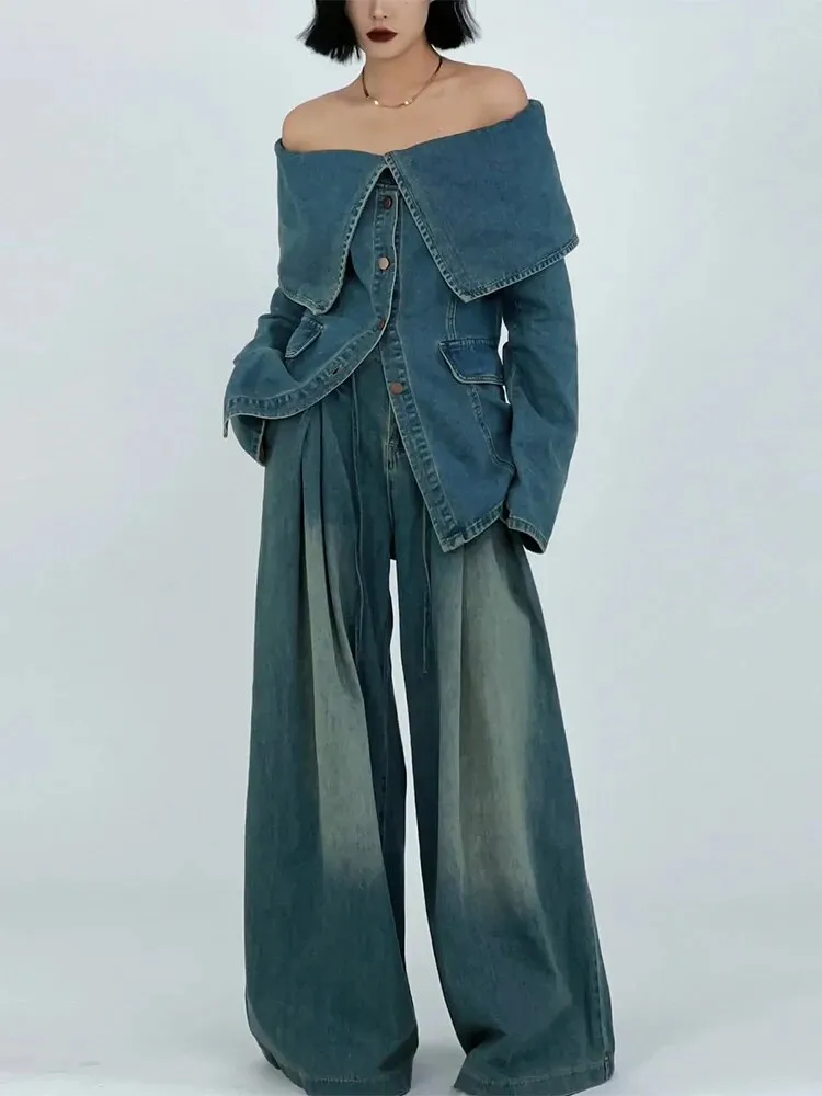 Casual Denim Blouses For Women Slash Neck Long Sleeve Patchwork Single Breasted Vintage Shirt Female Clothing