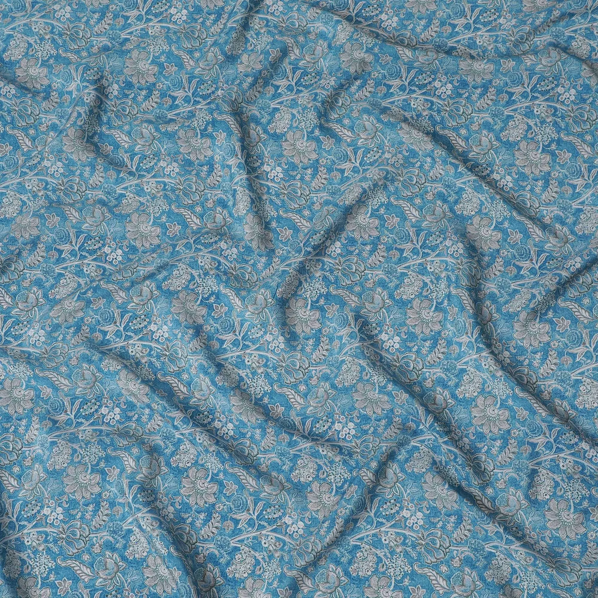 Cerulean blue synthetic crepe fabric with grey and maroon digital prints in floral design-D15783