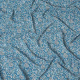 Cerulean blue synthetic crepe fabric with grey and maroon digital prints in floral design-D15783