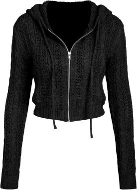 CIDER Womens Zip Up Hoodie Crop Top Hollow Out Knitted Long Sleeve Cardigan Jacket Sweatshirt