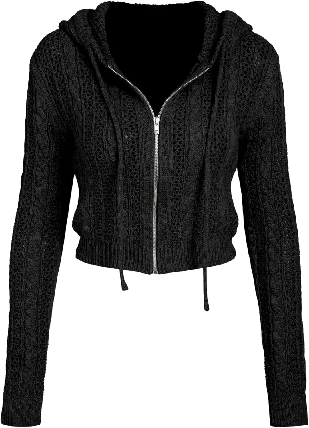 CIDER Womens Zip Up Hoodie Crop Top Hollow Out Knitted Long Sleeve Cardigan Jacket Sweatshirt