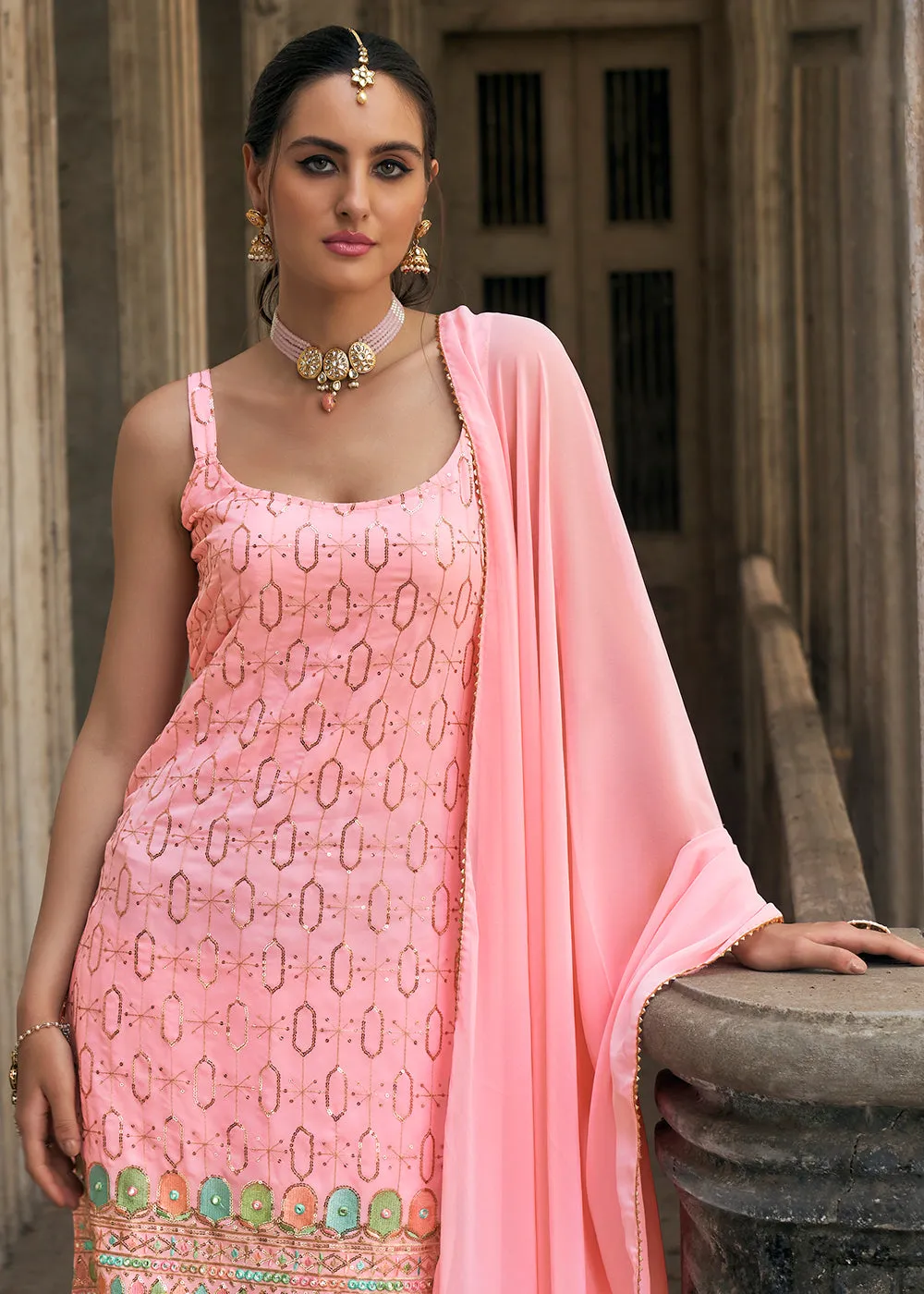 Coral Pink Faux Georgette Festive Gharara Style Suit