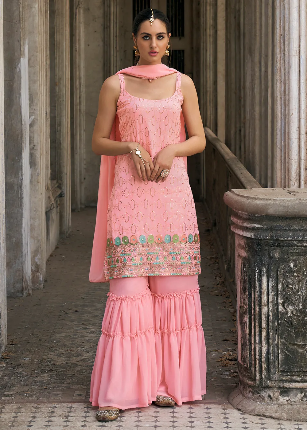 Coral Pink Faux Georgette Festive Gharara Style Suit