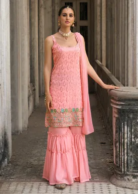 Coral Pink Faux Georgette Festive Gharara Style Suit