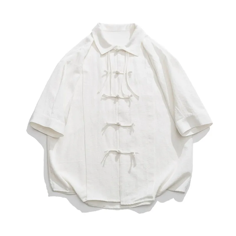 Cotton And Linen Buttoned Pleated  Shirt