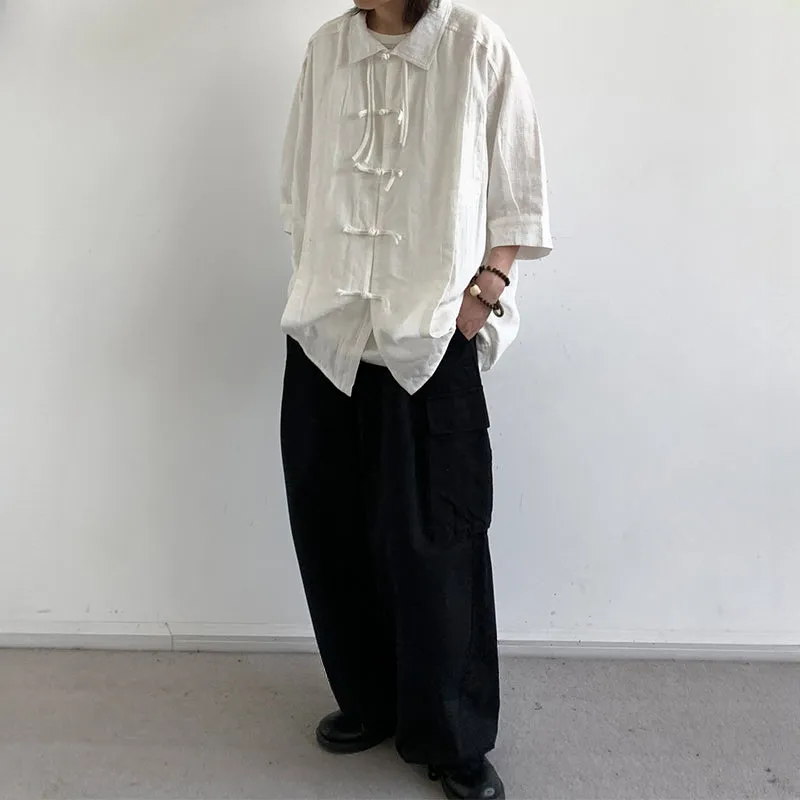 Cotton And Linen Buttoned Pleated  Shirt
