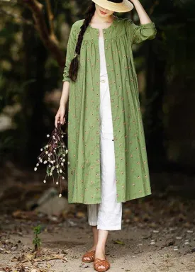Cotton and Linen Green Floral Shirt For Women