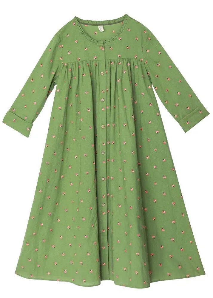Cotton and Linen Green Floral Shirt For Women