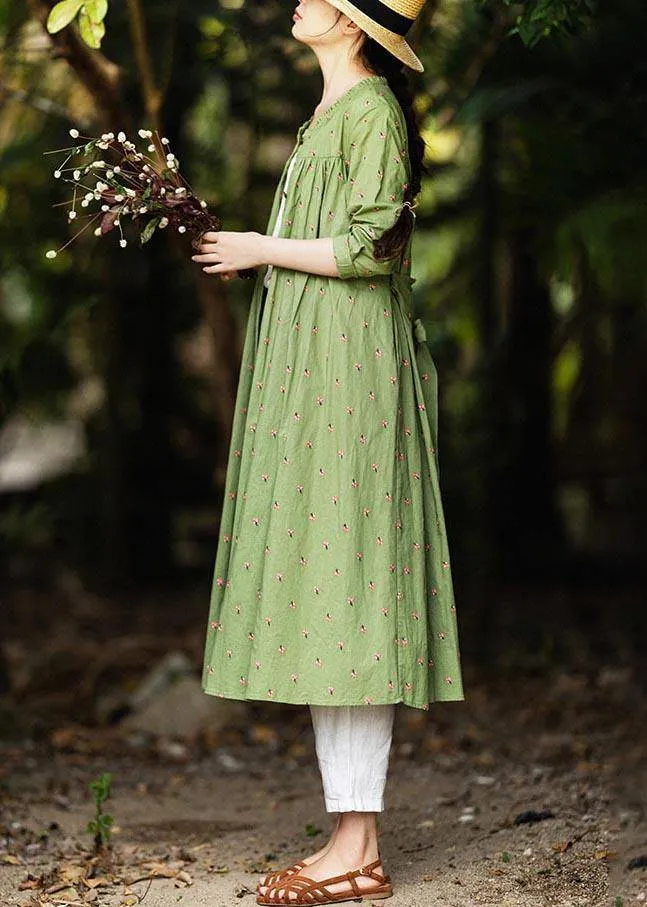 Cotton and Linen Green Floral Shirt For Women