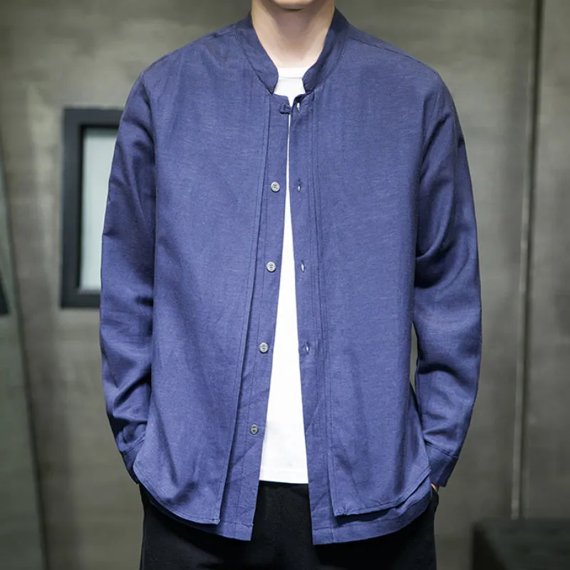 Cotton and Linen Stand Collar Shirt