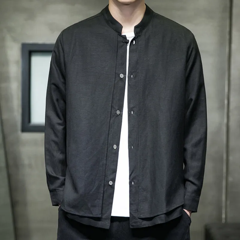 Cotton and Linen Stand Collar Shirt