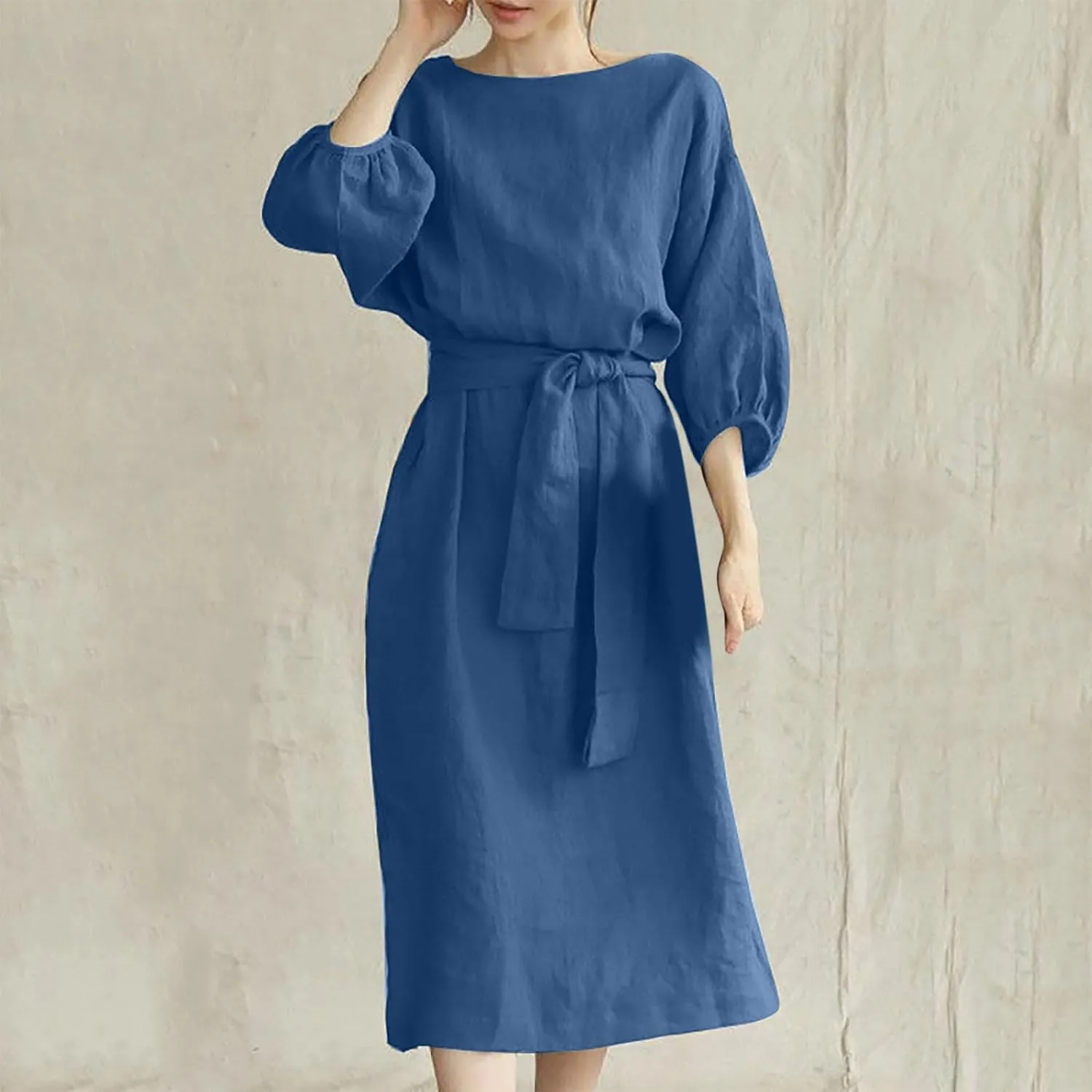 Cotton Linen Dresses for Women 2025 Casual Solid Color Work Dress Long Sleeve Tie Waist Knee Length Dress Boho Clothes