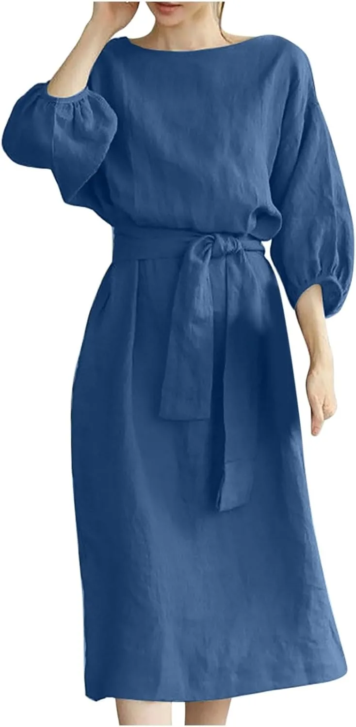 Cotton Linen Dresses for Women 2025 Casual Solid Color Work Dress Long Sleeve Tie Waist Knee Length Dress Boho Clothes