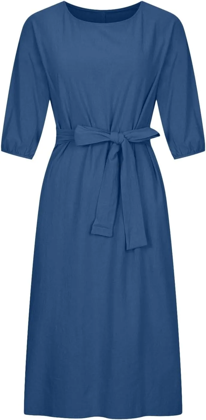 Cotton Linen Dresses for Women 2025 Casual Solid Color Work Dress Long Sleeve Tie Waist Knee Length Dress Boho Clothes