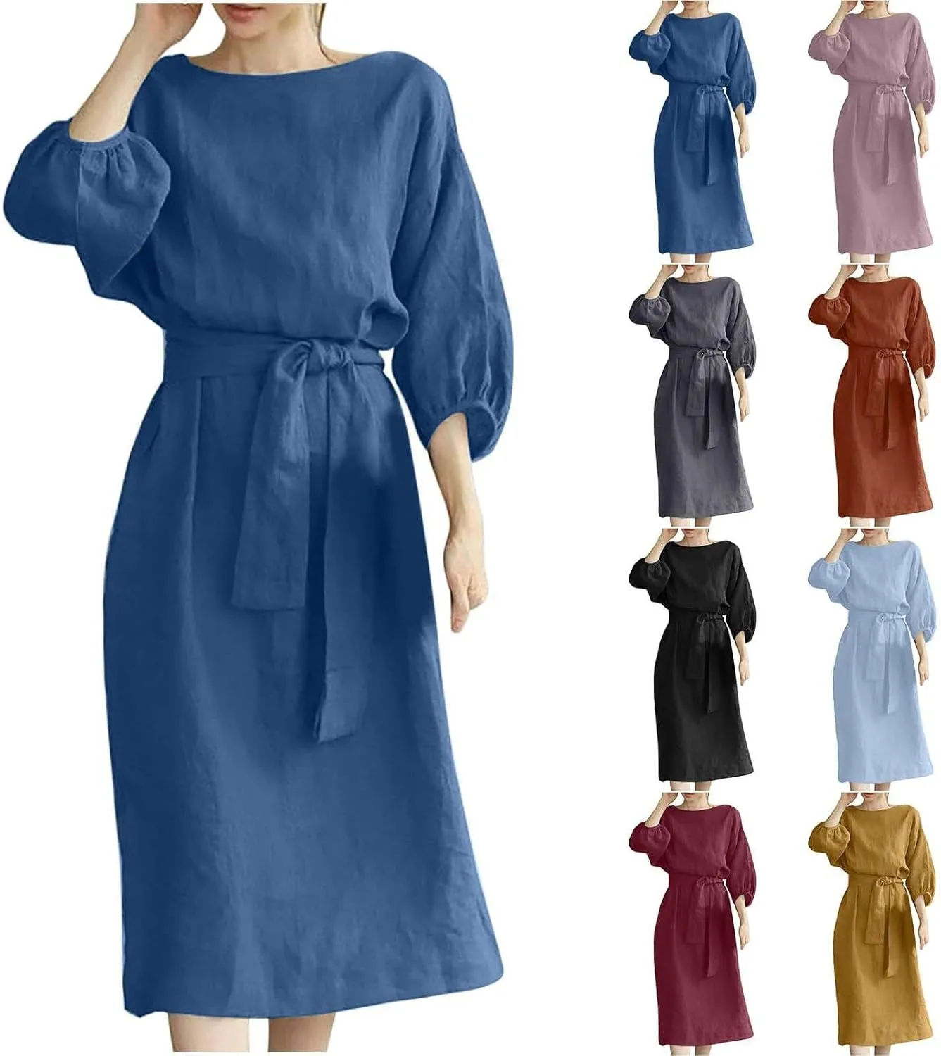 Cotton Linen Dresses for Women 2025 Casual Solid Color Work Dress Long Sleeve Tie Waist Knee Length Dress Boho Clothes