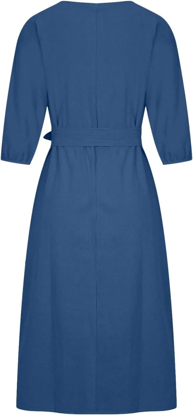 Cotton Linen Dresses for Women 2025 Casual Solid Color Work Dress Long Sleeve Tie Waist Knee Length Dress Boho Clothes