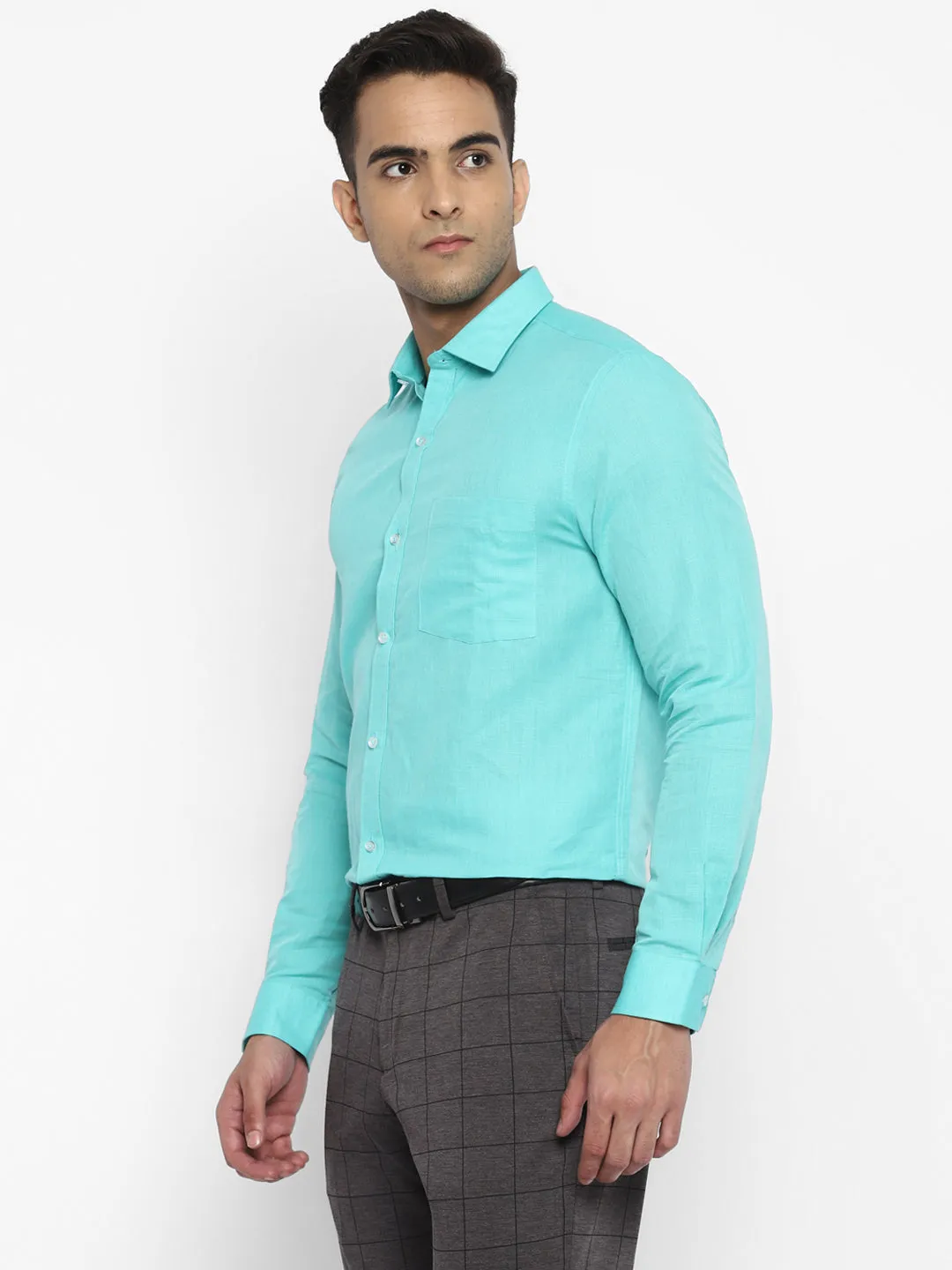 Cotton Linen Light Blue Plain Slim Fit Full Sleeve Formal Shirt