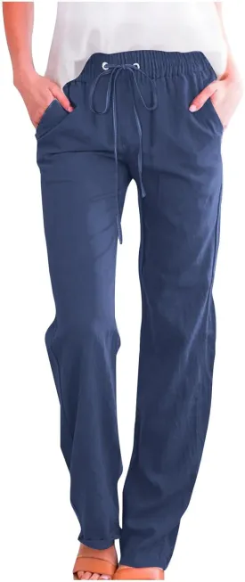 Cotton Linen Pants Women,Casual High Waist Drawstring Lounge Pants Loose Fit Pull on Straight Leg Pant with Pockets