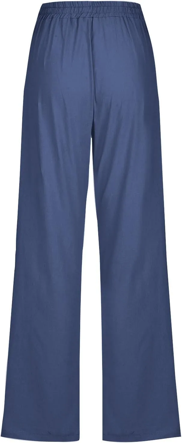 Cotton Linen Pants Women,Casual High Waist Drawstring Lounge Pants Loose Fit Pull on Straight Leg Pant with Pockets