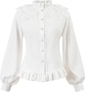 CR ROLECOS Women Victorian Blouse High Collar Lace Ruffled Shirt Tops