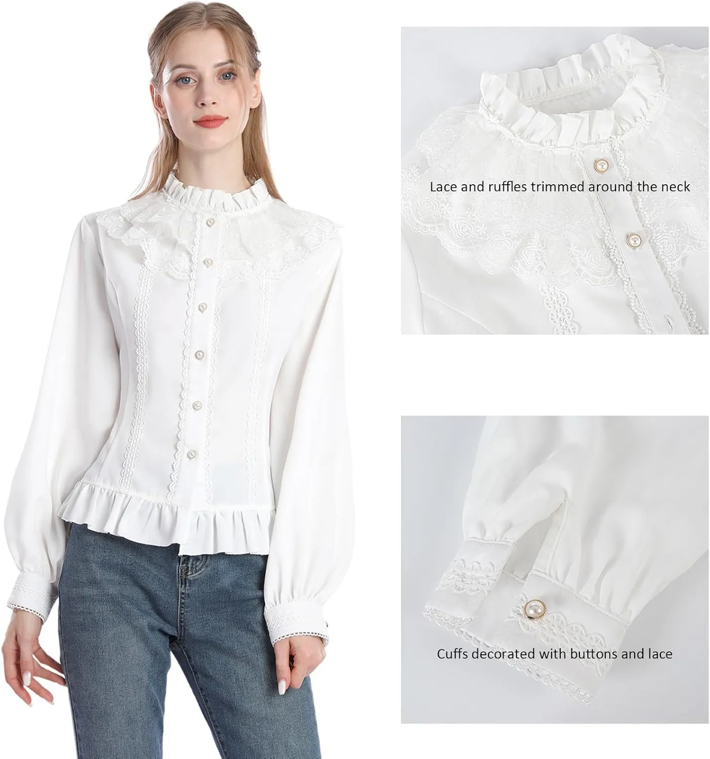 CR ROLECOS Women Victorian Blouse High Collar Lace Ruffled Shirt Tops