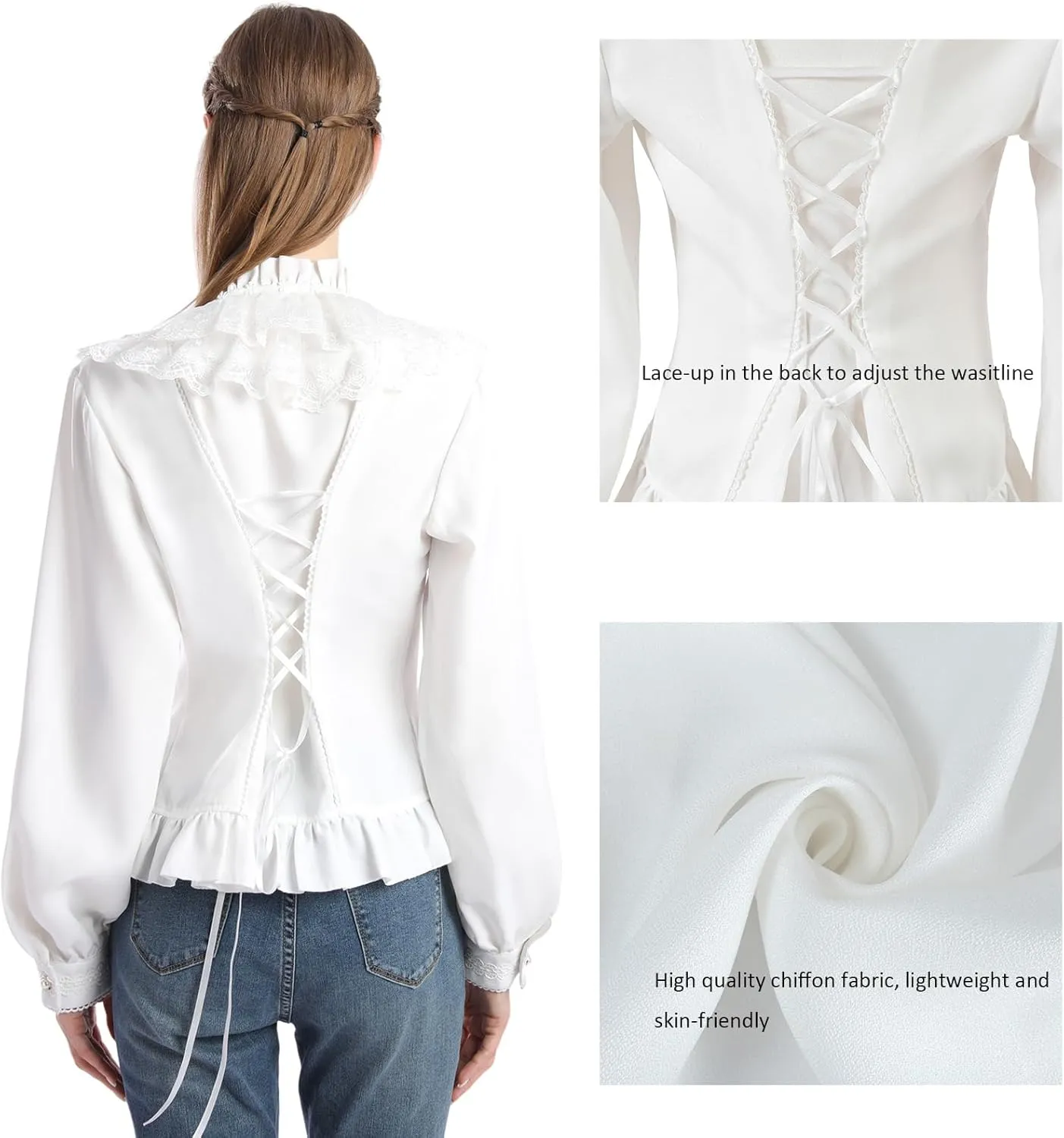 CR ROLECOS Women Victorian Blouse High Collar Lace Ruffled Shirt Tops